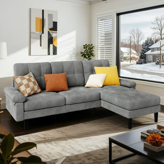 82" Sectional Sofa, Lofka Convertible L Shape Small Couch with Soft Velvet, Removable Pillows & Armrests for Saving Space, Apartment Studio, Gray