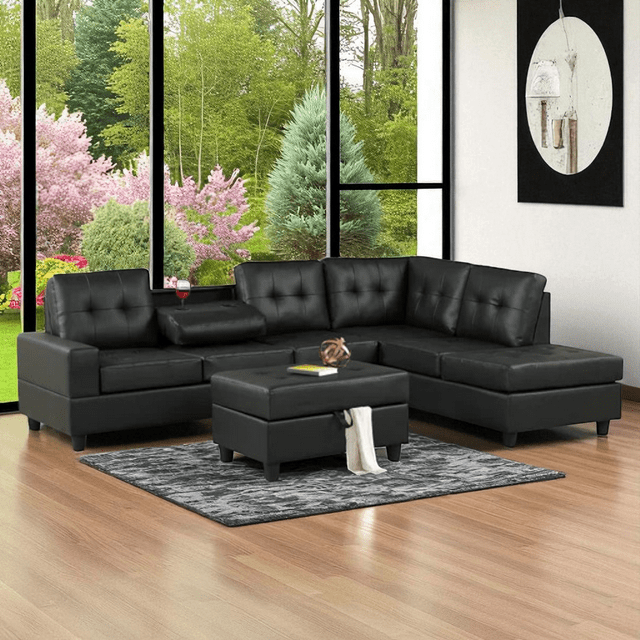 Cosmic Homes Marcel Leather Upholstered Sectional Sofa with Reversible Chaise & Storage Ottoman – Black