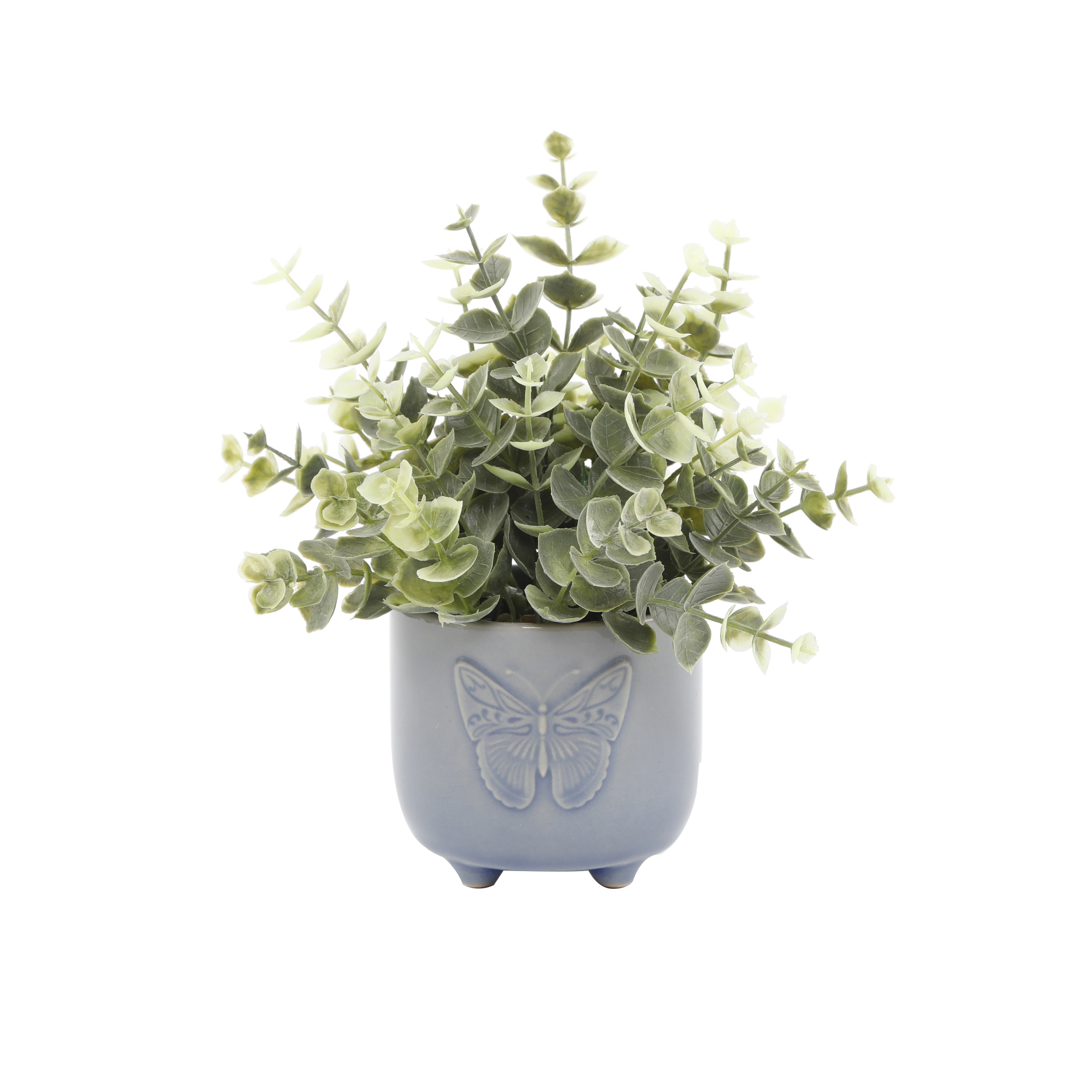 Mainstays Tabletop Artificial Baby Eucalyptus Plant in Blue Ceramic Butterfly Pot, 3"