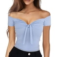 thumbnail image 3 of Blusa de manga corta con lazo en la parte delantera para citas informales, compras y viajes Top azul cielo con hombros descubiertos, 3 of 6