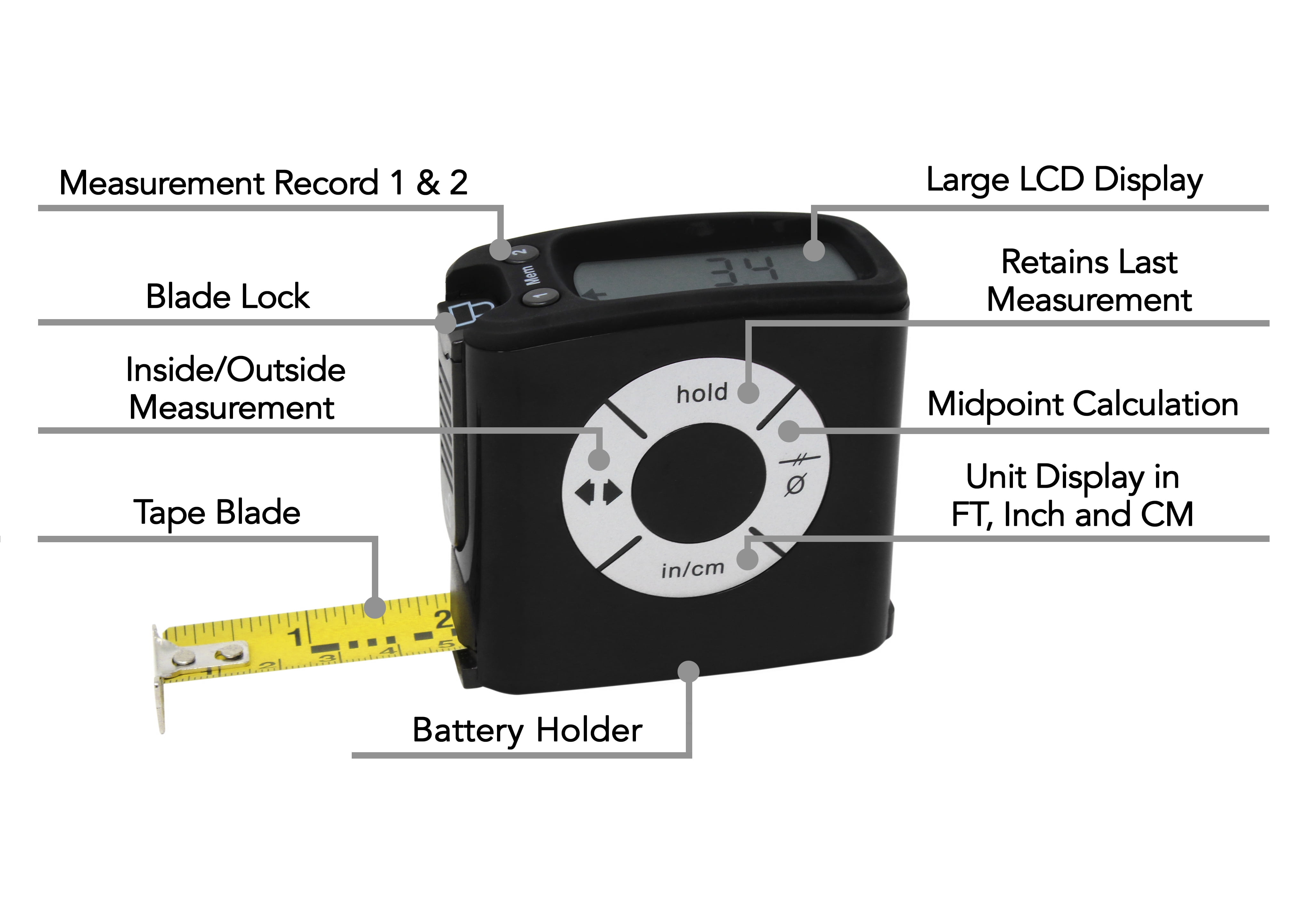 K Digital Tape Measure, Display And Read Accurate Distance On A Large Screen, SAE and Metric Units, Easy Unit Conversion, 16 feet Black
