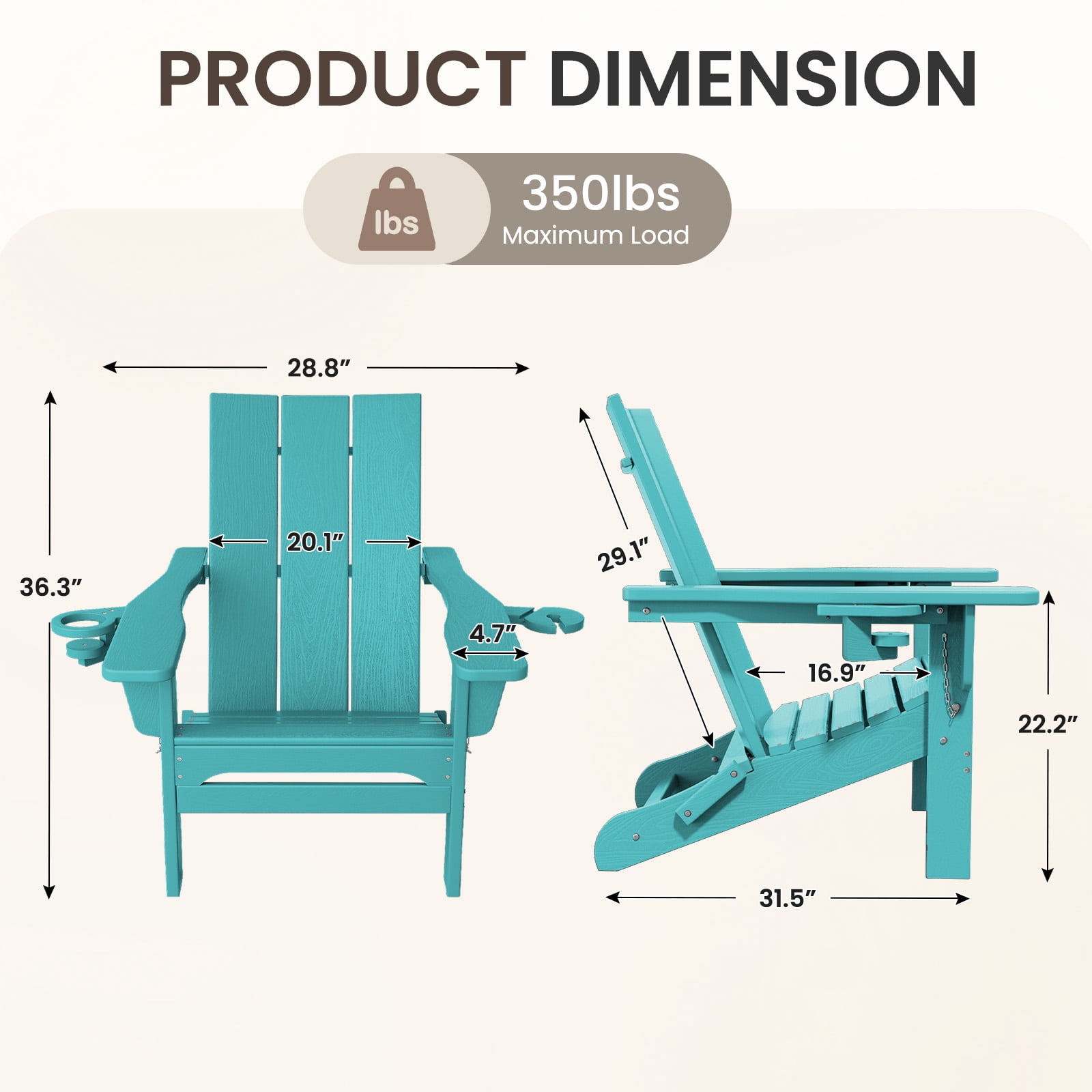 RIAFUN HDPE Foldable Adirondack Chair, Outdoor Patio Chair with 2 Cup Holders, Heavy Duty All-Weather Seating for Lawn,Porch,Deck,Backyard, Peacock Blue