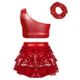 thumbnail image 3 of CHICTRY Kids Girls Sequin Metallic Jazz Modern Latin Dance Crop Top with Skirt Hair Band Set Red 14, 3 of 7