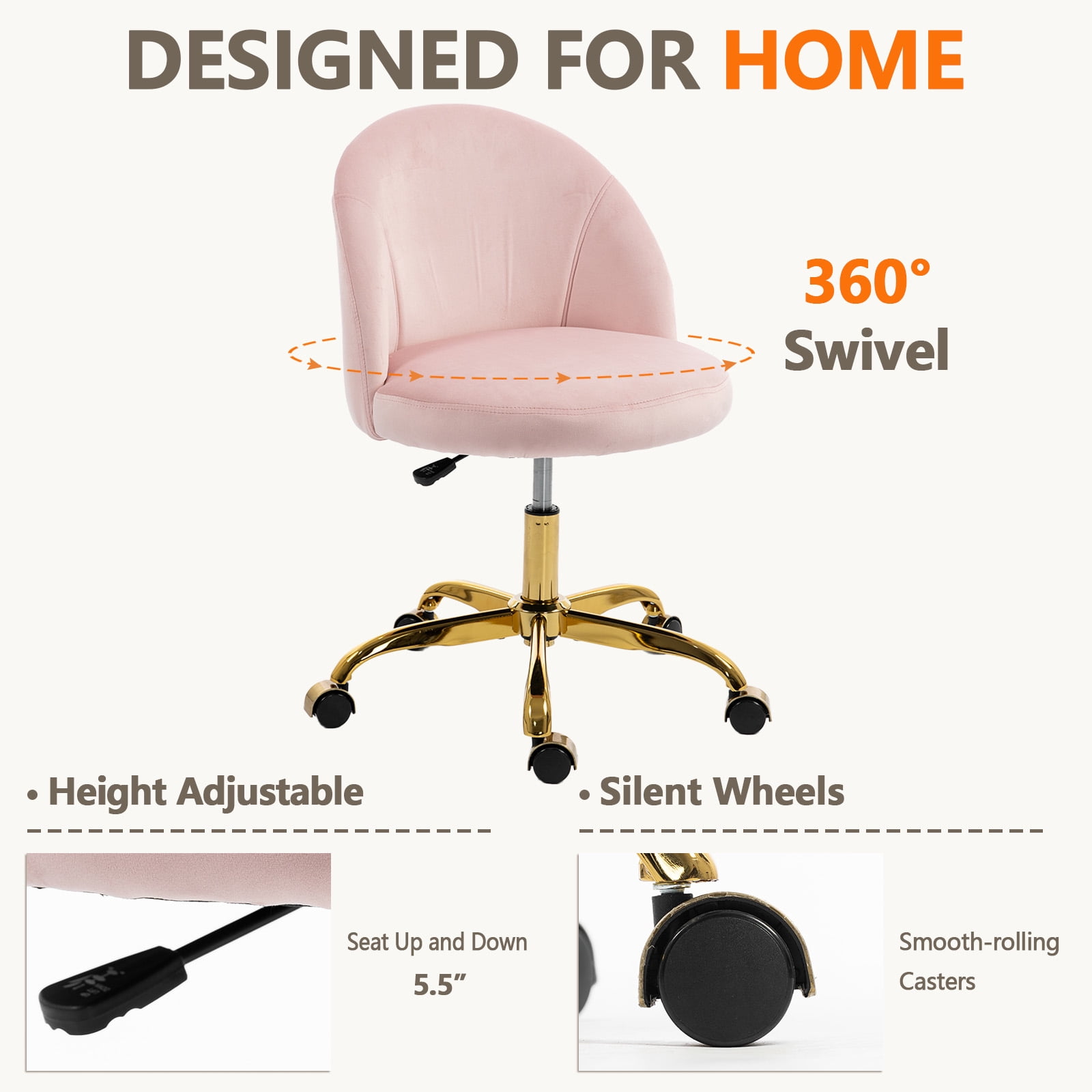 Modern Velvet Small Office Chair,Cute Desk Chair With Wheels,Gold Base/Studs, Comfy Armless Swivel Vanity Task Chair For Women/Girl/Kids, Nail Tech Chair For Bedroom,Small Space,Pink
