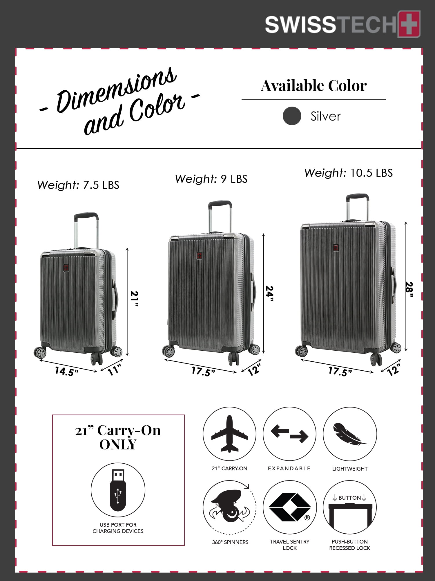 SwissTech Excursion 21 Hardside Rolling Upright Carry-On - Charcoal 