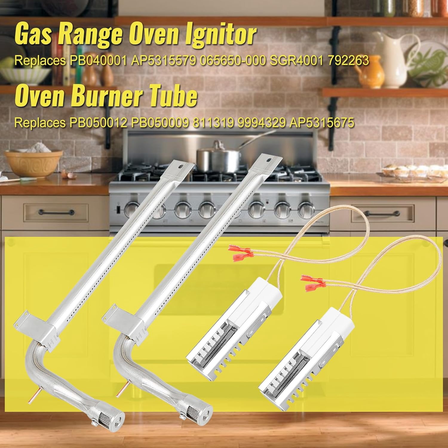 2 Pack PB040001 Gas Range Oven Igniter and PB050012 Stainless Steel Oven Burner Tube Kit Replacement for Viking Range EVGIC305 EVGIC365 EVGIC485, Replaces 065650-000 SGR4001 792263 PB050009 811319