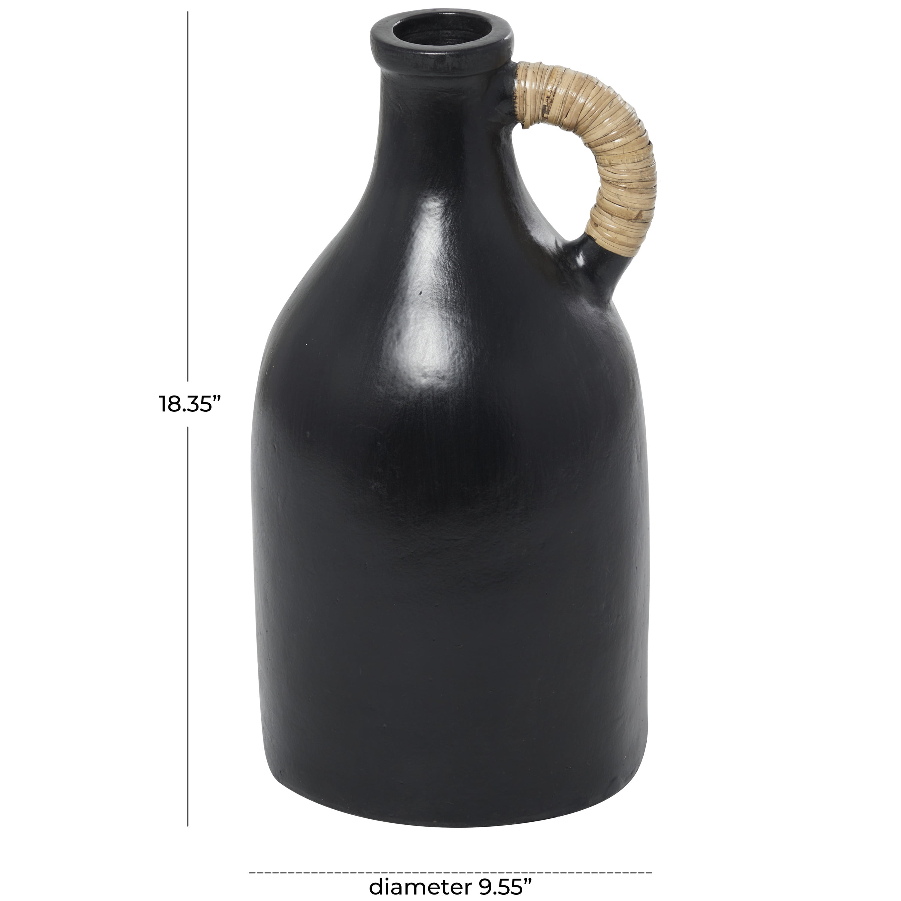 DecMode 18" Jug Inspired Black Ceramic Vase with Rattan Wrapped Handle