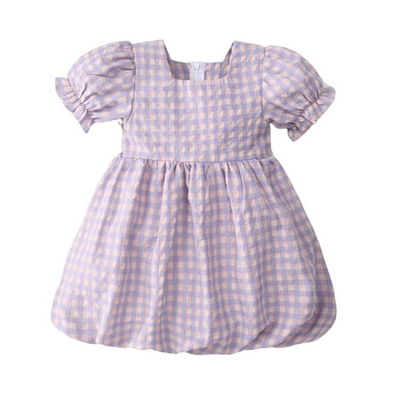 Kids Little Girls Princess Dress, 12 24 Months 2T 3T 4T 5T 6T Puff Sleeve Square Neck Plaid Dress SummerA-line Dress for Casual Daily