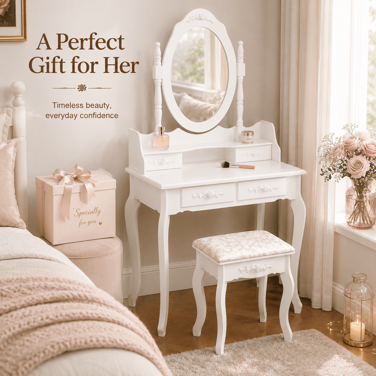 Ktaxon Vanity Set with Mirror and Chair, White, 4 Drawers, Rotated