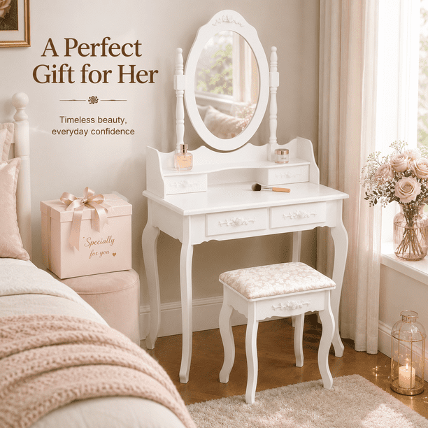 modern dressing table stool Ktaxon Elegance White Dressing Table Vanity Table and Stool Set Wood Makeup Desk with 4 Drawers & Mirror