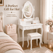 Ktaxon 2-1 Elegance White Dressing Table Vanity Table and Stool Set Wood Makeup Desk with 4 Drawers & Mirror