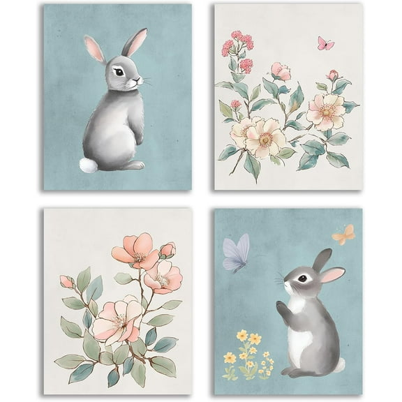 Nursery Bunny Canvas Wall Decor, Cute Bunny Plant Floral Wall Decor, Blue Beige Bunny Painting for Boys and Girls Nursery Cute Animal Canvas Prints, Baby Room Decor Set of 4 (8X10 Inch Unframed)