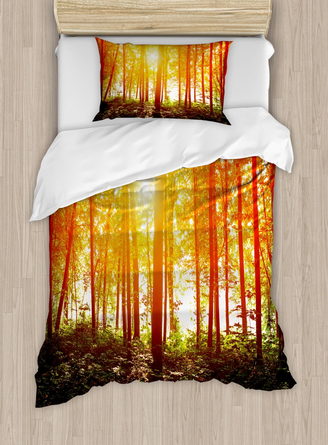 Nature Duvet Cover Set, Foggy Forest Scenery with Sunrays Reflecting on Trees Mystic Woodland