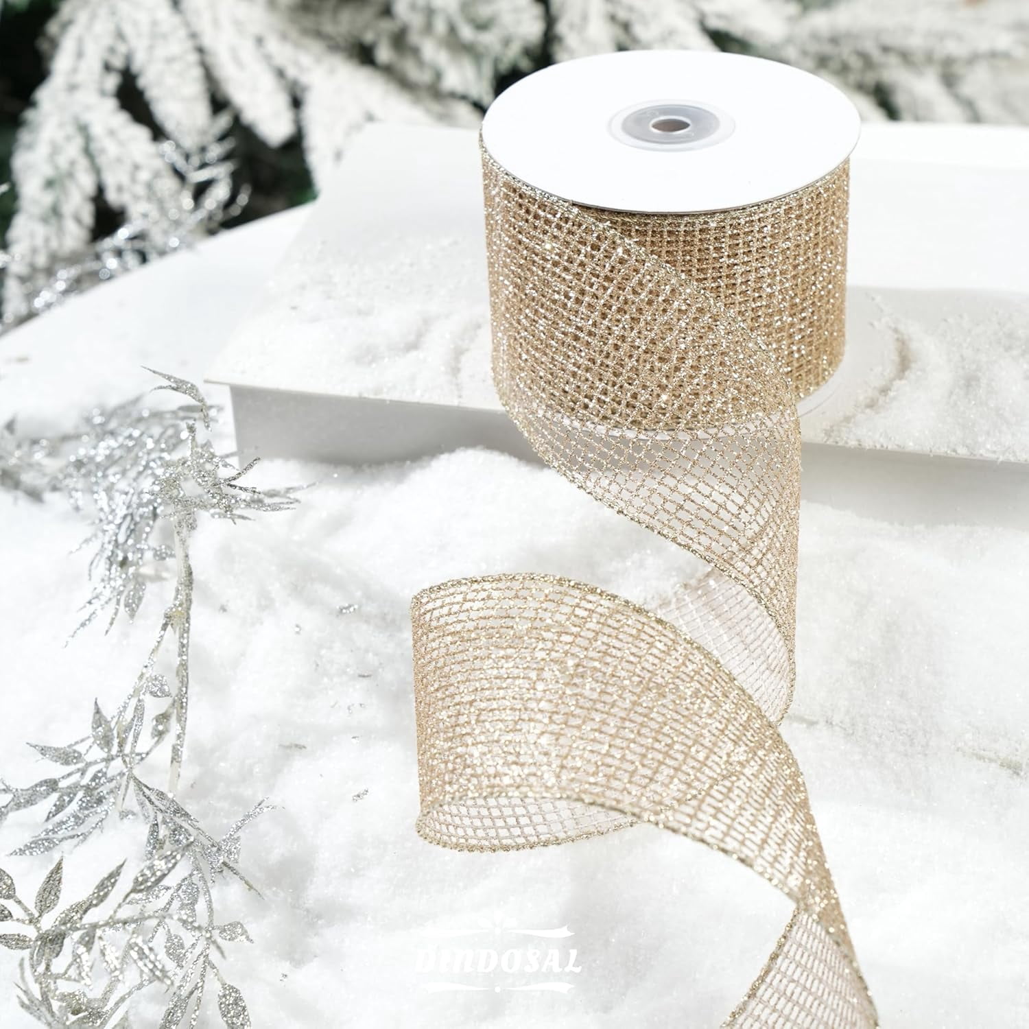 Champagne Gold Wired Ribbon 2.5" X 10 Yards Glitter Mesh Wired Gold Christmas Ribbons for Tree Decorations, Topper Bows, Wreath,Garlands, Gifts Wrapping