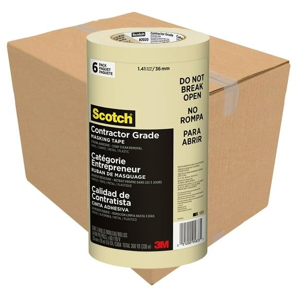 12 Contractor Packs of 1.41" x 60 yds 3M 2020‐36AP‐6 Tan Scotch Contractor Grade Masking Tape, 12 Contractor 6‐Packs