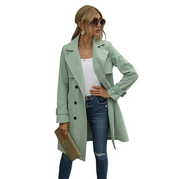 Sylvamorning Women Solid Color Long Sleeve Lapel Double Breasted Belted Trench Coat