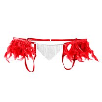 Tao Tao Men's Low Rise Briefs Shiny Metal Chain Tassel Thongs Feather Trim G-String Underpants Red L