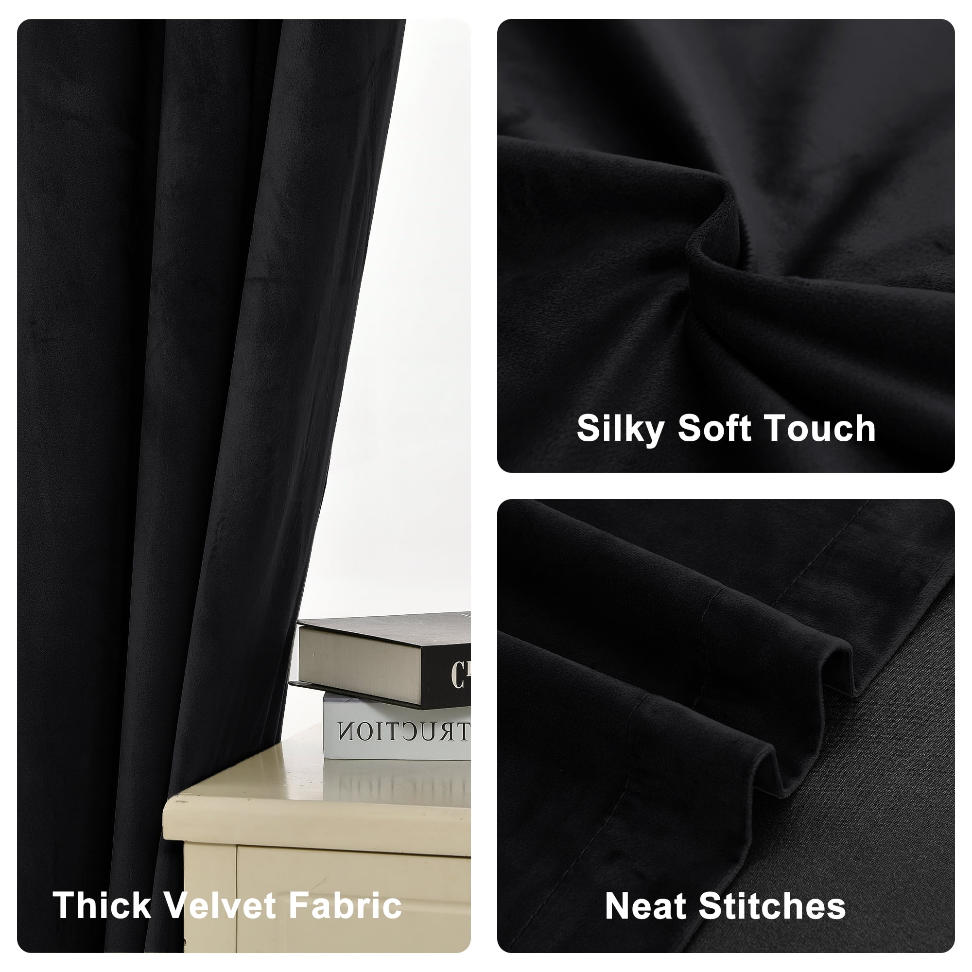 XWZO Velvet Blackout Curtains 108 Inches Long - Extra Long Room Darkening Thermal Insulating Grommet Window Curtain Drapes for Parlor/Gallery/Dining with Tiebacks, Black, W52 x L108, Set of 2