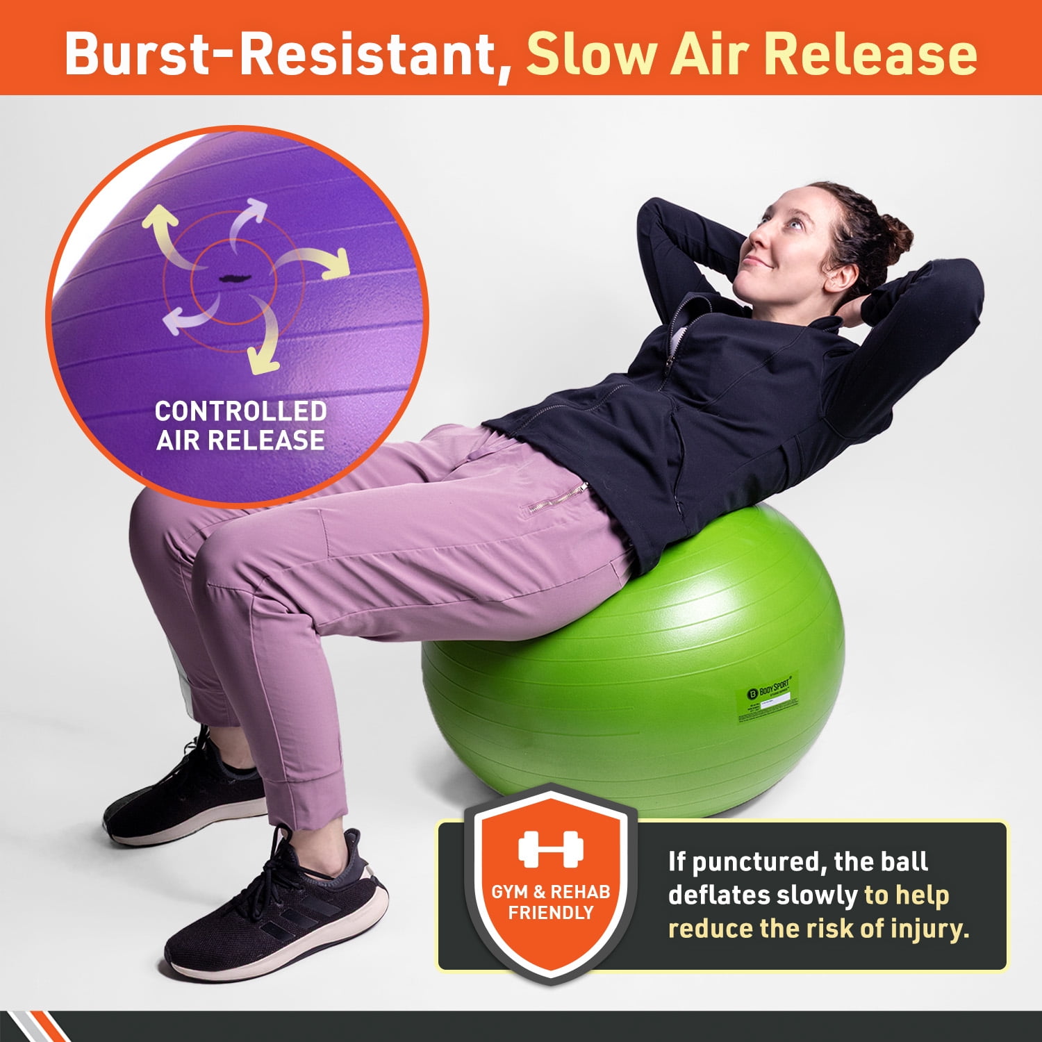 Body Sport Slow Release 65 cm. Exercise Ball with Pump for Home & Gym - Exercise Equipment for Yoga, Pilates, Stability, Pregnancy, and Core Training