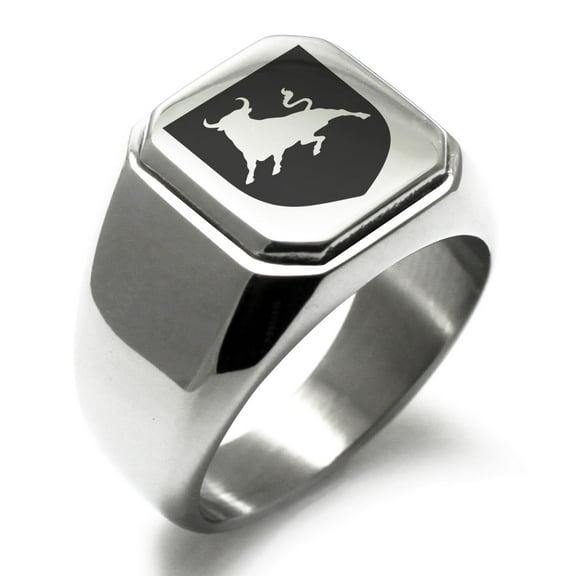 Stainless Steel Bull Bravery Coat of Arms Shield Engraved Square Flat Top Biker Style Polished Signet Ring