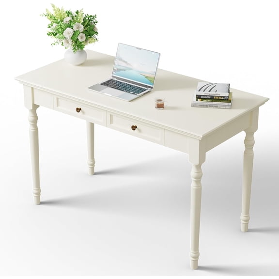 ADORZ 47" White Writing Desk with Drawers, French Country Farmhouse Desk Solid Wood for Home Office, Bedroom or Study