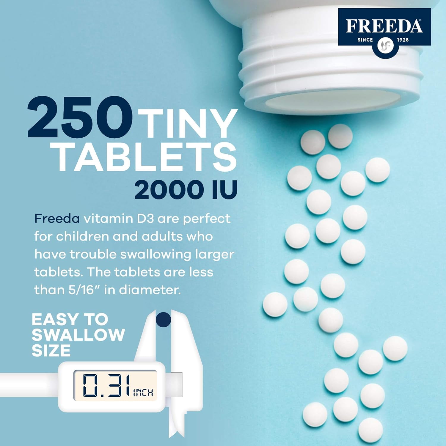 Freeda Vitamin D3 2000 IU Supplement | Bone, Calcium & Immune Support | Tiny Tablets | Kosher, Gluten Free | 250 Count