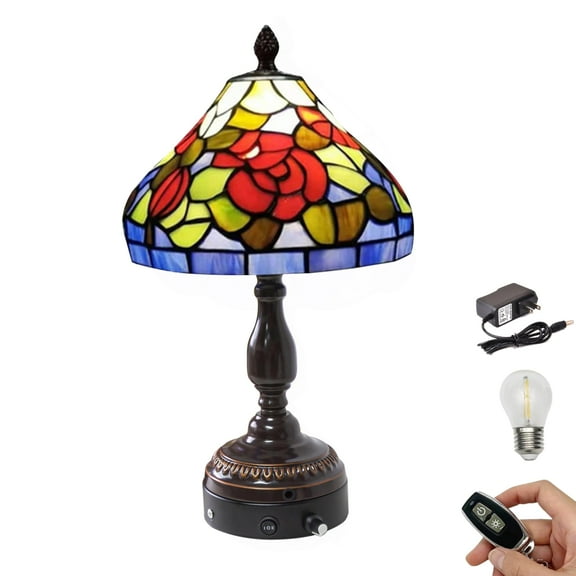 Kiven Cordless Table Lamp, Dimmable Bedside Lamps for Nightstand with Glass Lampshade, Tiffany-Style Rechargeable Desk Lamp for Reading Home Decor Bedside,1-Light(TD0530)