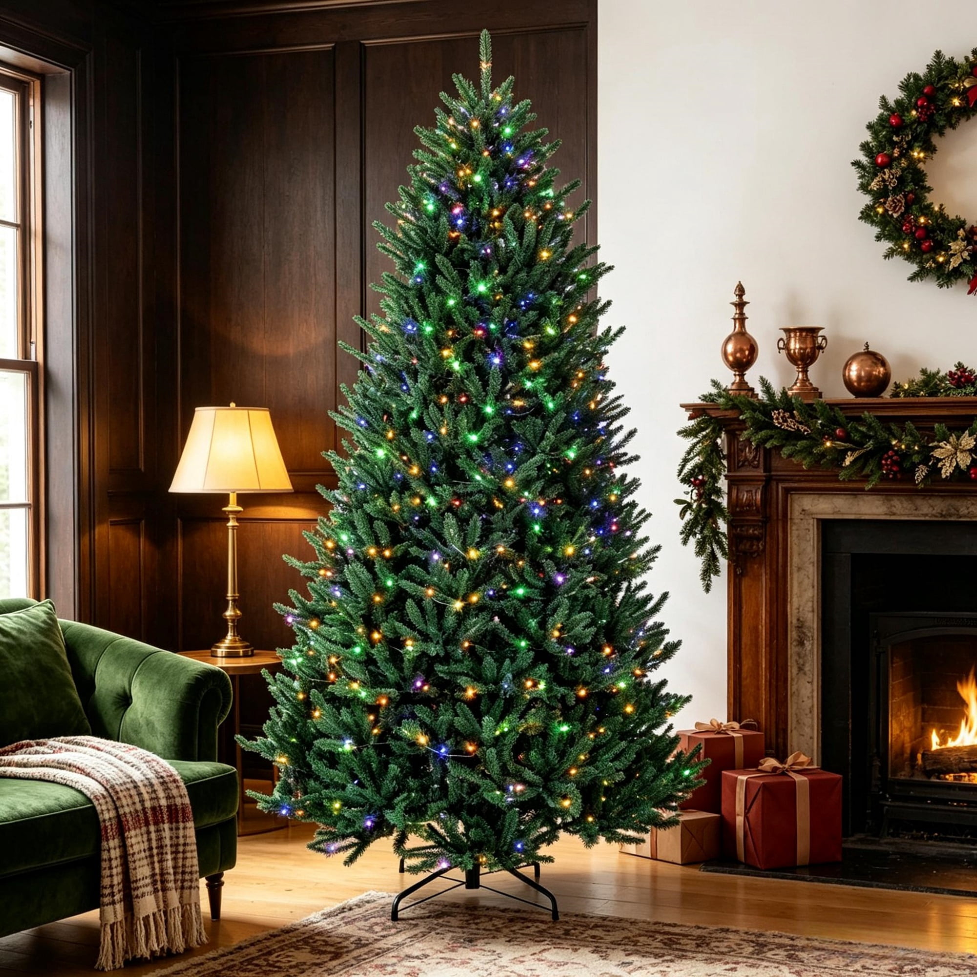 9 ft Pre-Lit Christmas Tree with Dual-Color LED Lights, 880 Lights, 3409 Tips, Hinged PVC Foliage and Metal Stand