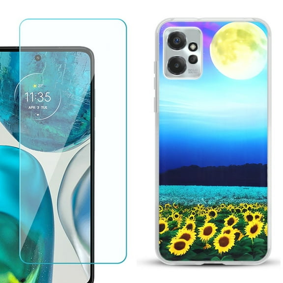 OneToughShield ® for Motorola Moto G Power 5G 2023 Shockproof Fashion Phone Case, with Tempered Glass Screen Protector - Sunflower Moon