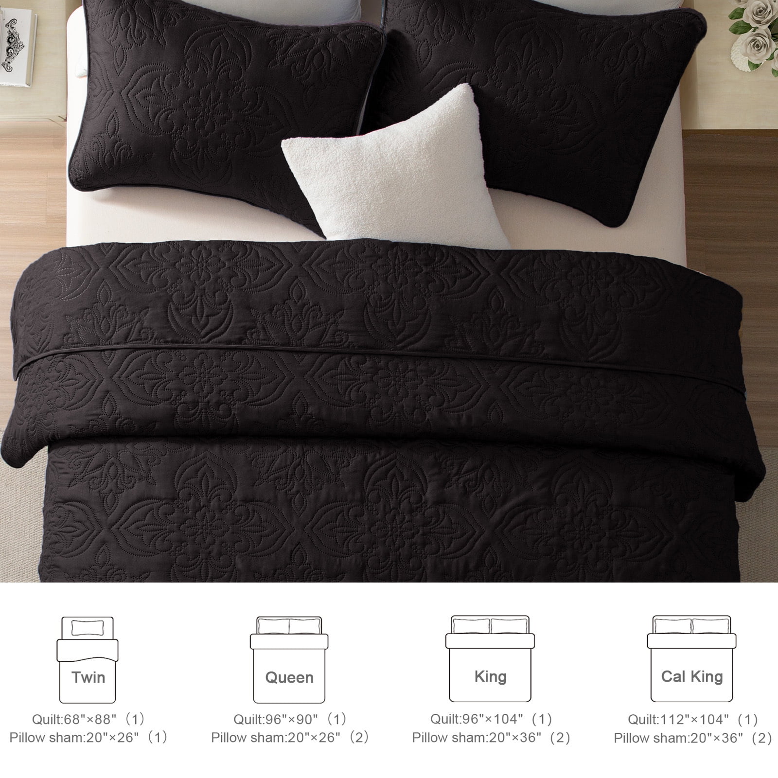 Whale Flotilla Soft Twin Quilt Bedding Set for All Seasons, Elegant Vintage Damask Ultrasonic Quilts Set, Lightweight Reversible Bedspread, Coverlet, Bed Cover with 1 Pillow Sham, Black