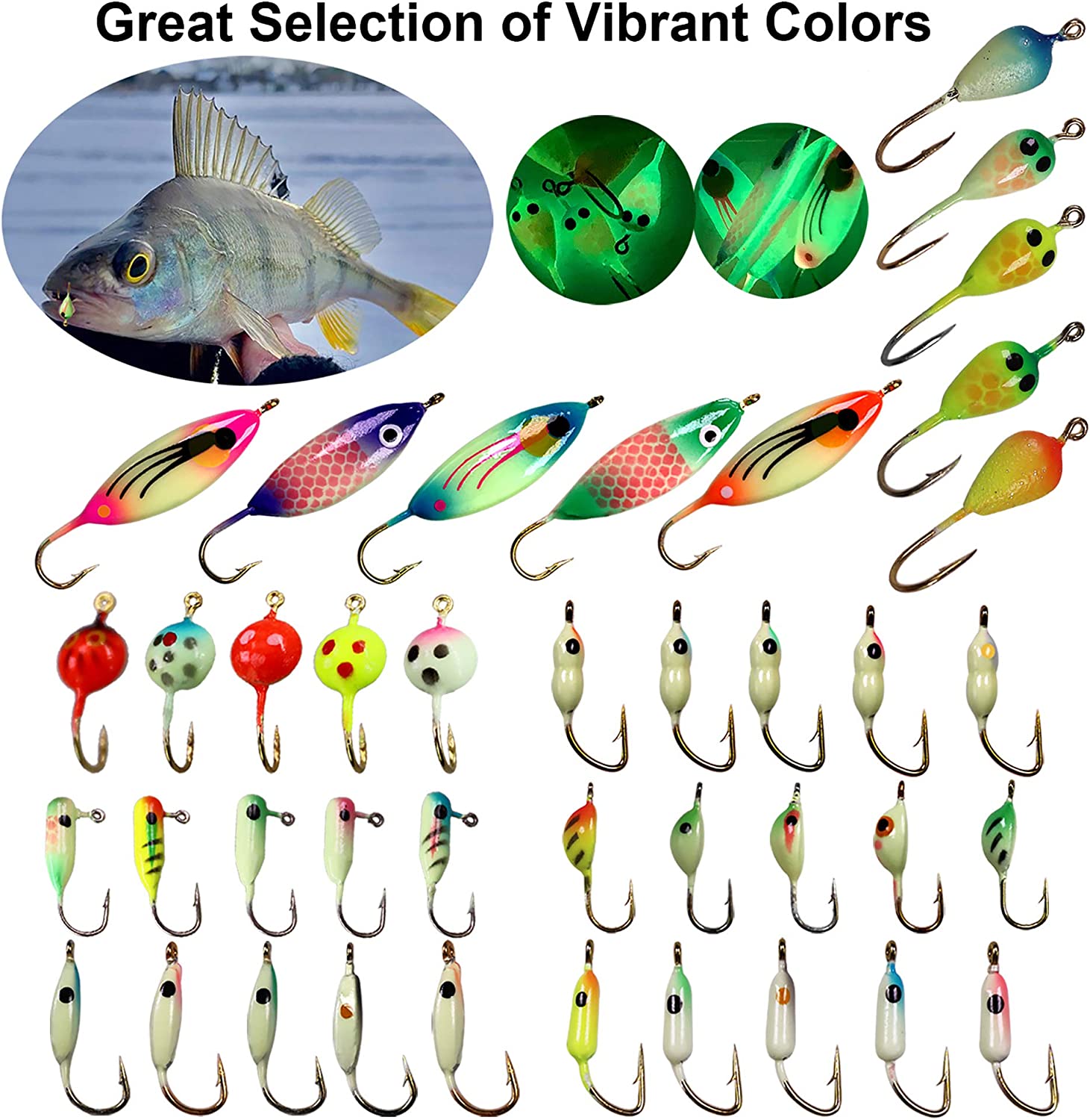 THKFISH Ice Fishing Lures Ice Fishing Jigs Ice Fishing Gear Hard Fishing Lures and Jigs Walleye Ice Fishing Kit Crappie Panfish Pike Jigs,40PCS
