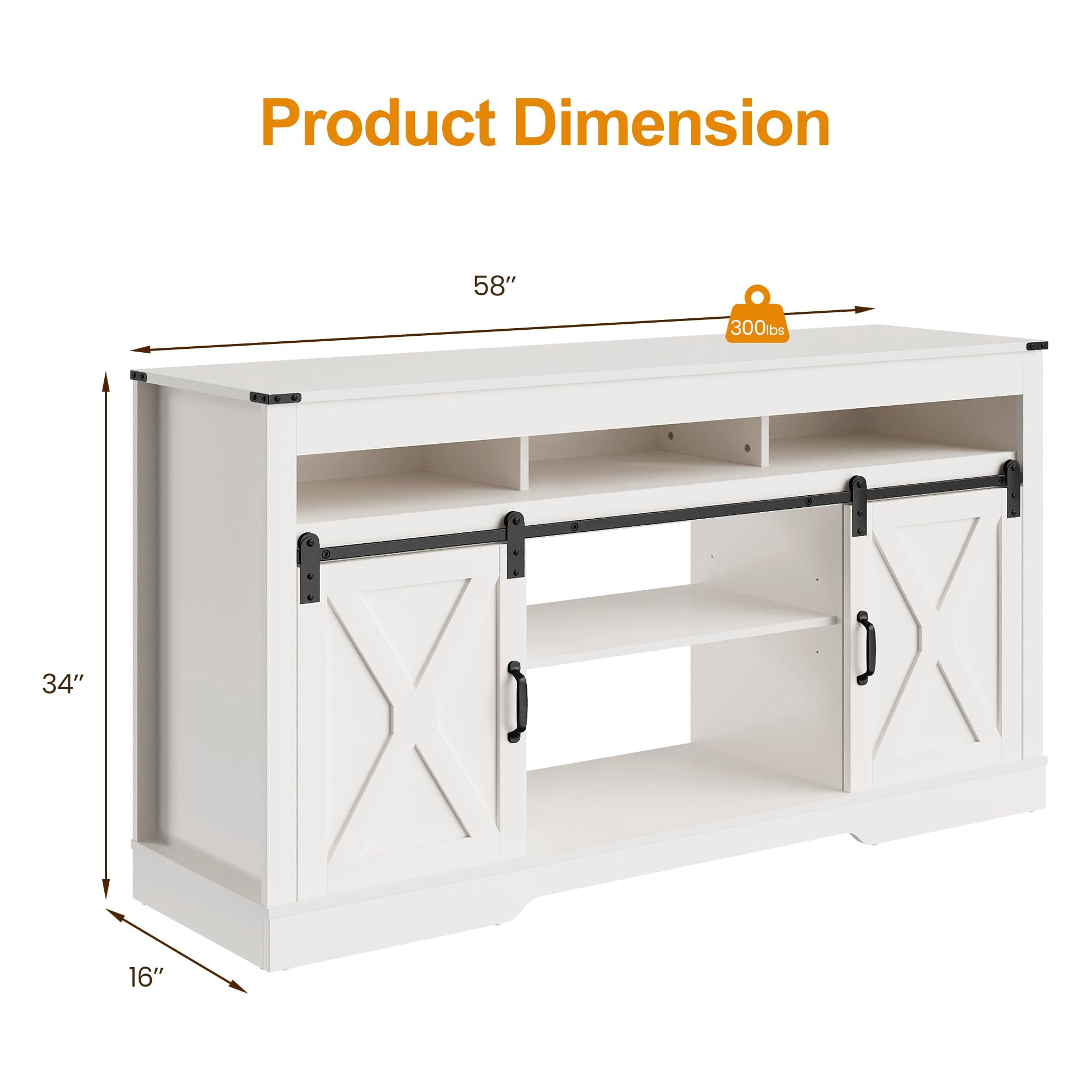 Heynemo TV Stand for 65+ Inch TV, Farmhouse 34'' Tall Entertainment Center for 23" Fireplace, Rustic TV Console with Sliding Bar Door for Living Room (White)