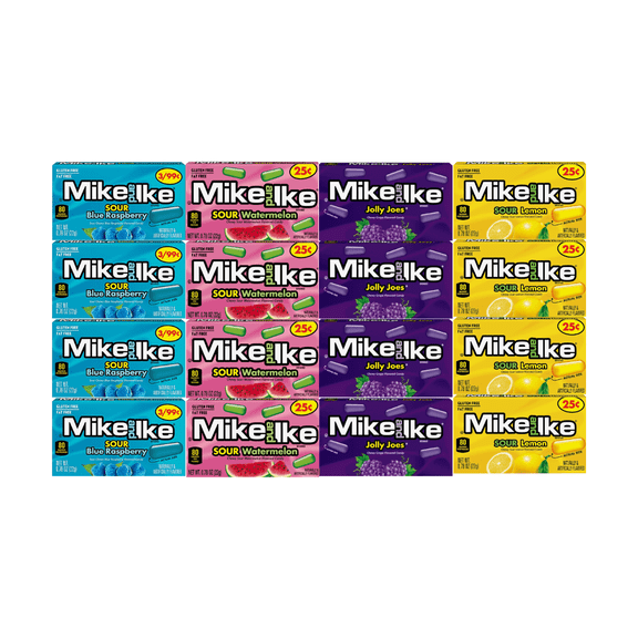 Variety Pack Mike and Ike Candy, Sour Blue Raspberry, Jolly Joes, Sour Watermelon, Sour Lemon, 4 Each Flavor, 0.78 oz Bags, 16 Pack – Chewy Fruit Flavored Candy, Individually Wrapped for Snacking