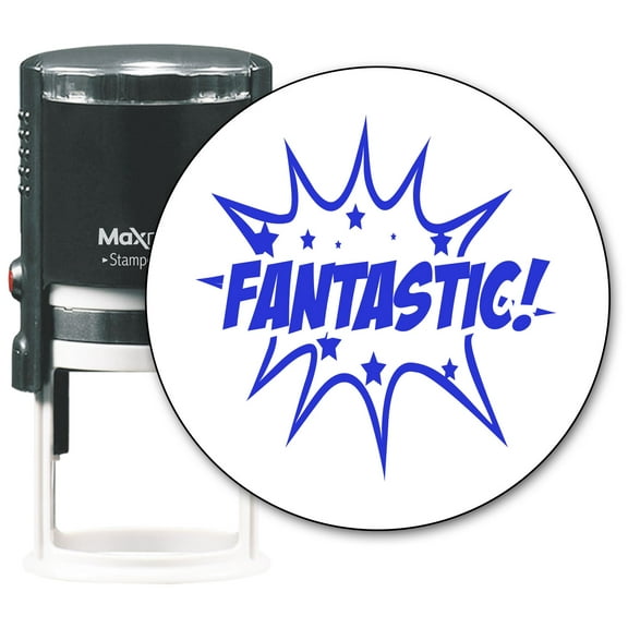 MaxMark Round Teacher Self Inking Stamp - FANTASTIC - Jumbo Series, Style TS318 with Blue Ink