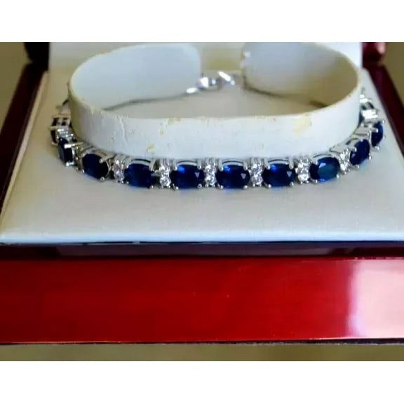 6.CT Blue Sapphire & Diamond Lab Created Tennis Bracelet 14k White Gold Plated