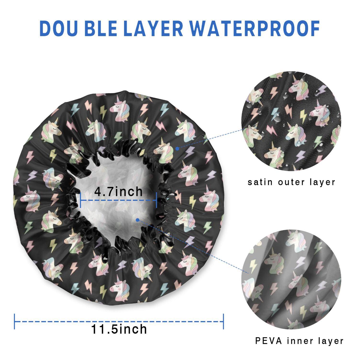 Shower Caps,Black Cartoon Unicorn Lightning Pattern Waterproof Shower Cap for Women 4 Pieces,Double Reusable Hair Cover for Shower PEVA Elastic Stretch Hem