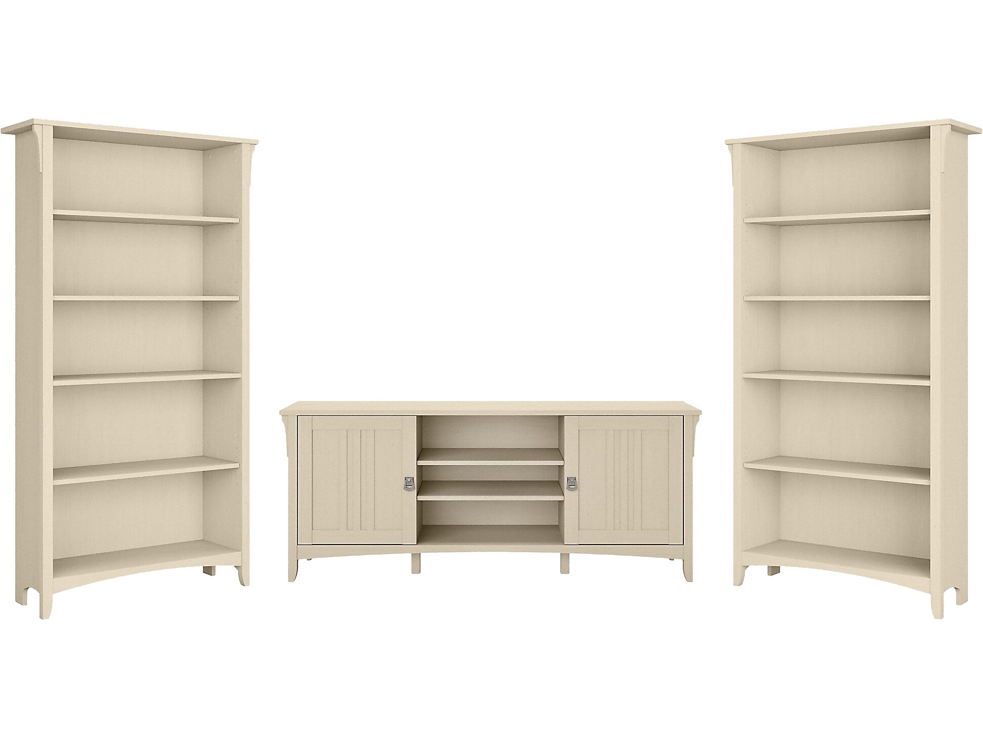Bush Furniture Salinas TV Stand w/Set of 2 Bookcases Antique White