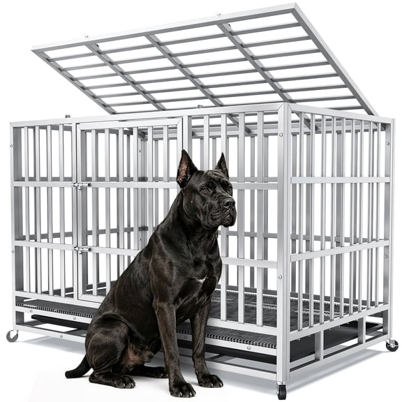 TIME RAY 48 inch Heavy Duty Dog Crate,Indestructible High Anxiety Dog Crate for Outdoor and Indoor with Lock, Double Door & Removable Tray, Silver