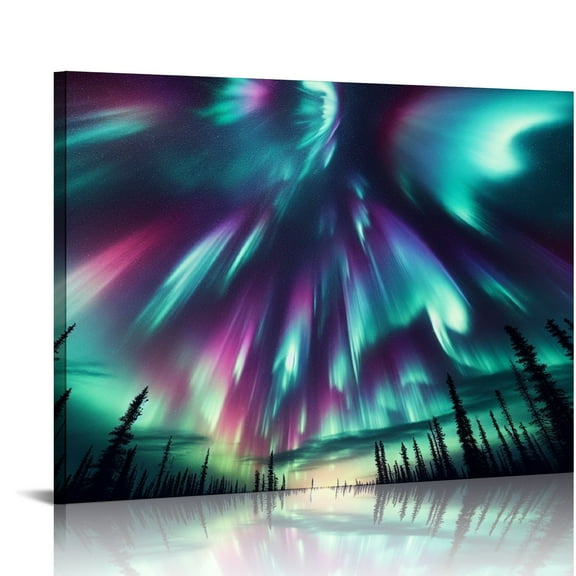 Nawypu  Aurora Borealis Canvas Wall Art Northern Lights Picture Print Forest Aurora Scenery Painting for Home Decor Frame
