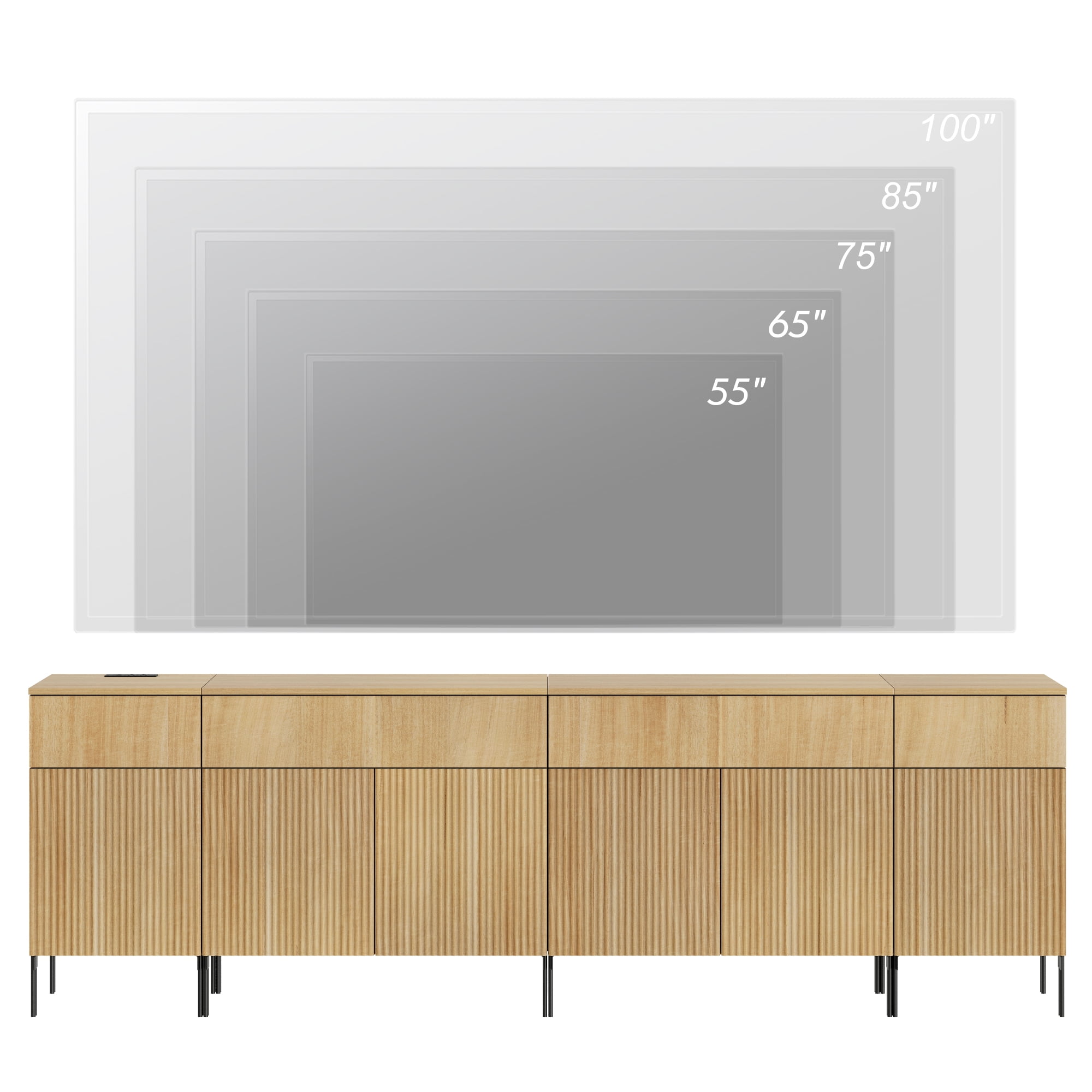 94.5" Modern Reeded Dresser TV Stand for TVs up to 100 Inch, Entertainment Center with Charging Station, Wooden TV Console with Storage for Living Room