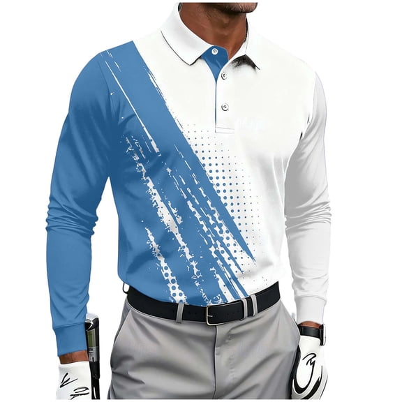 biudgviw Golf Shirts for Men Print Long Sleeve Casual Slim Fit Shirt Lightweight Button Collared Stretch Workout Tops S-XXXL