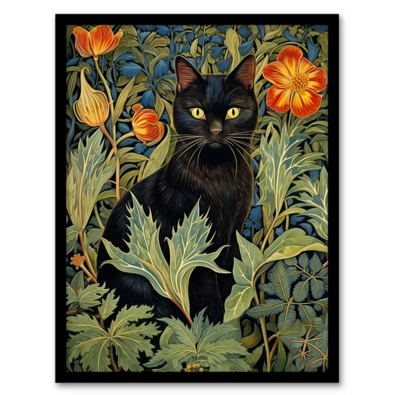 Black Cat In Wildflower Field Stylised Painting Teal Green Orange Floral Animal Portrait Art Print Framed Poster Wall Decor 12x16 inch