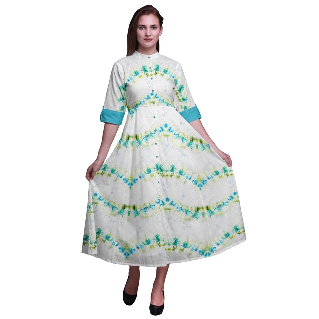 Bimba Robe-Chemise Mi-Mollet pour Femmes à Manches Retroussables, Boutonnée, Imprimée Teinture sur Nœuds - Grand