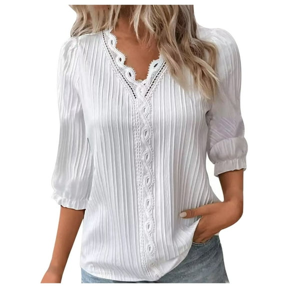 Razzly Long Sleeve Softball Shirts Summer V Neck T Shirts for Women Compression Shirts for Women plus Size Exercise T Shirts for Women Three Quarter Sleeve Shirt Women Women Poplin Shirt(White,5XL)