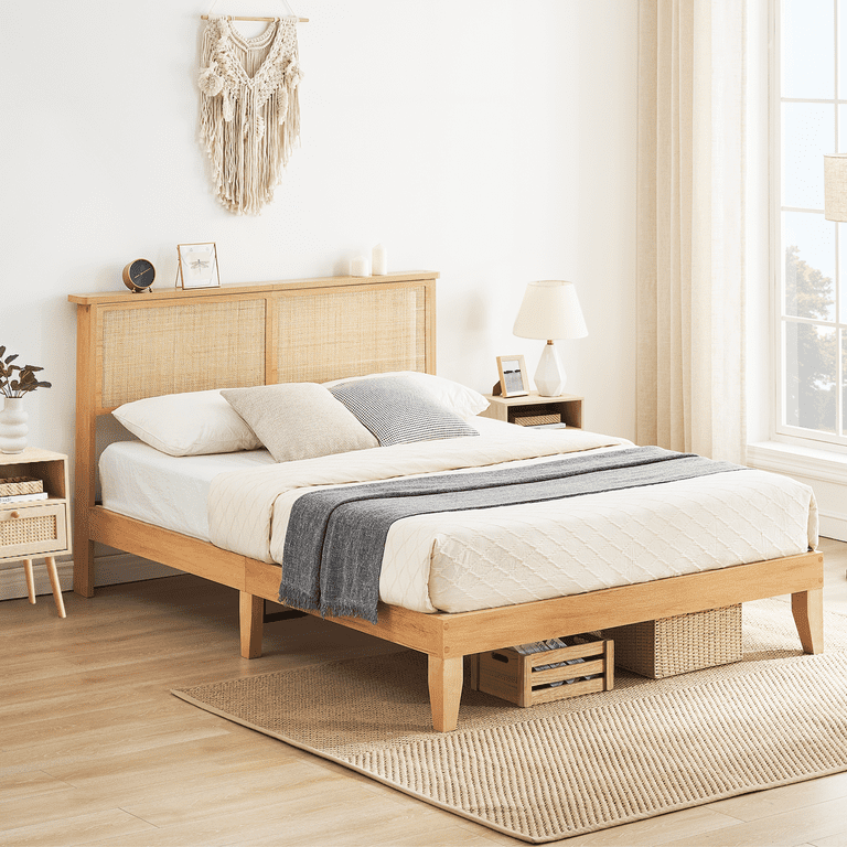 Wooden Plank Double Bed Woven Straw Square Bed LED Wooden Platform Bed Frame with Headboard Mattress Base Wooden Slat Support No Box Spring
