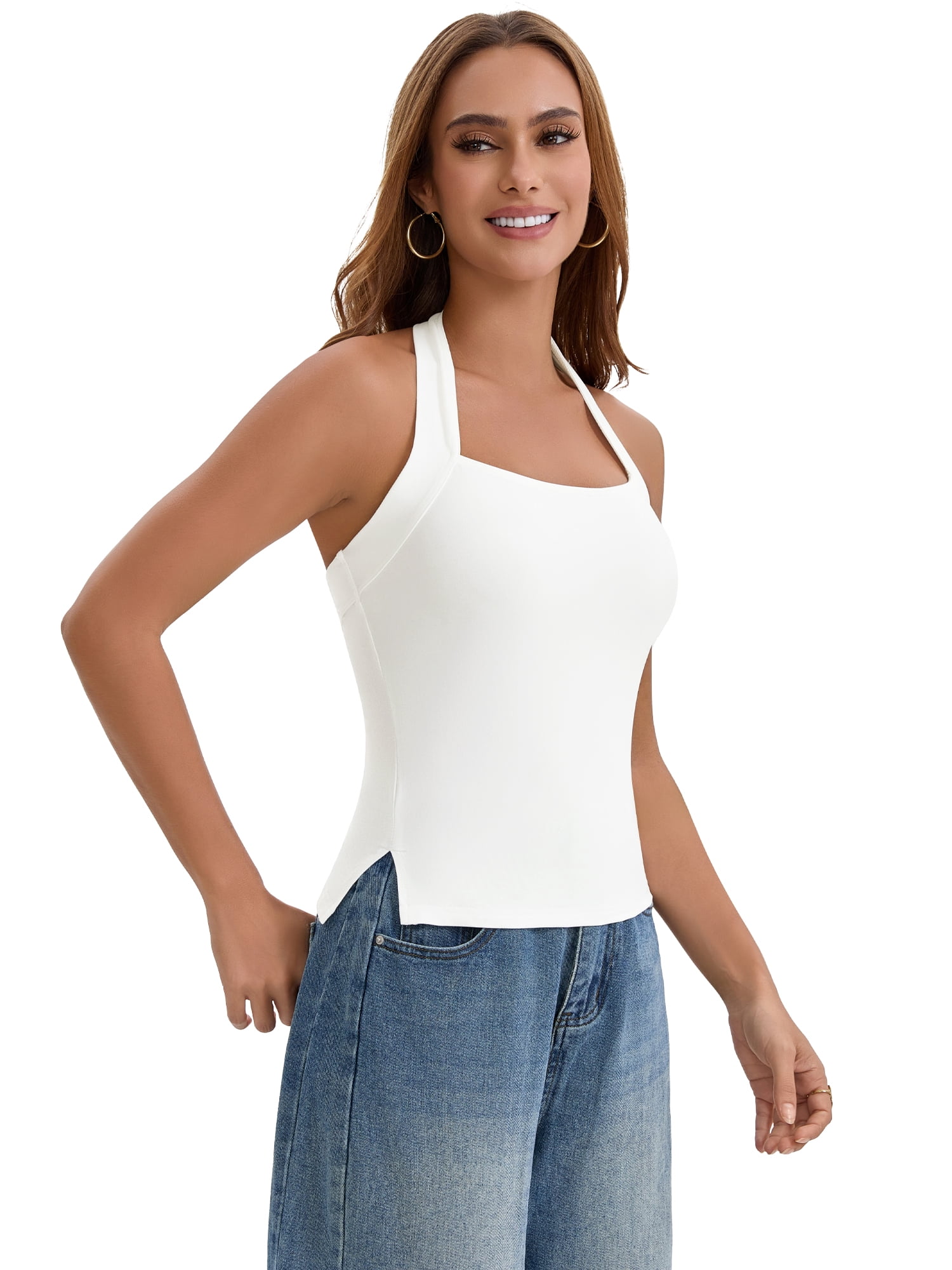 DARING DIVA Women's Halter Tank Top Sleeveless Square Neck Fitted Summer Top L White