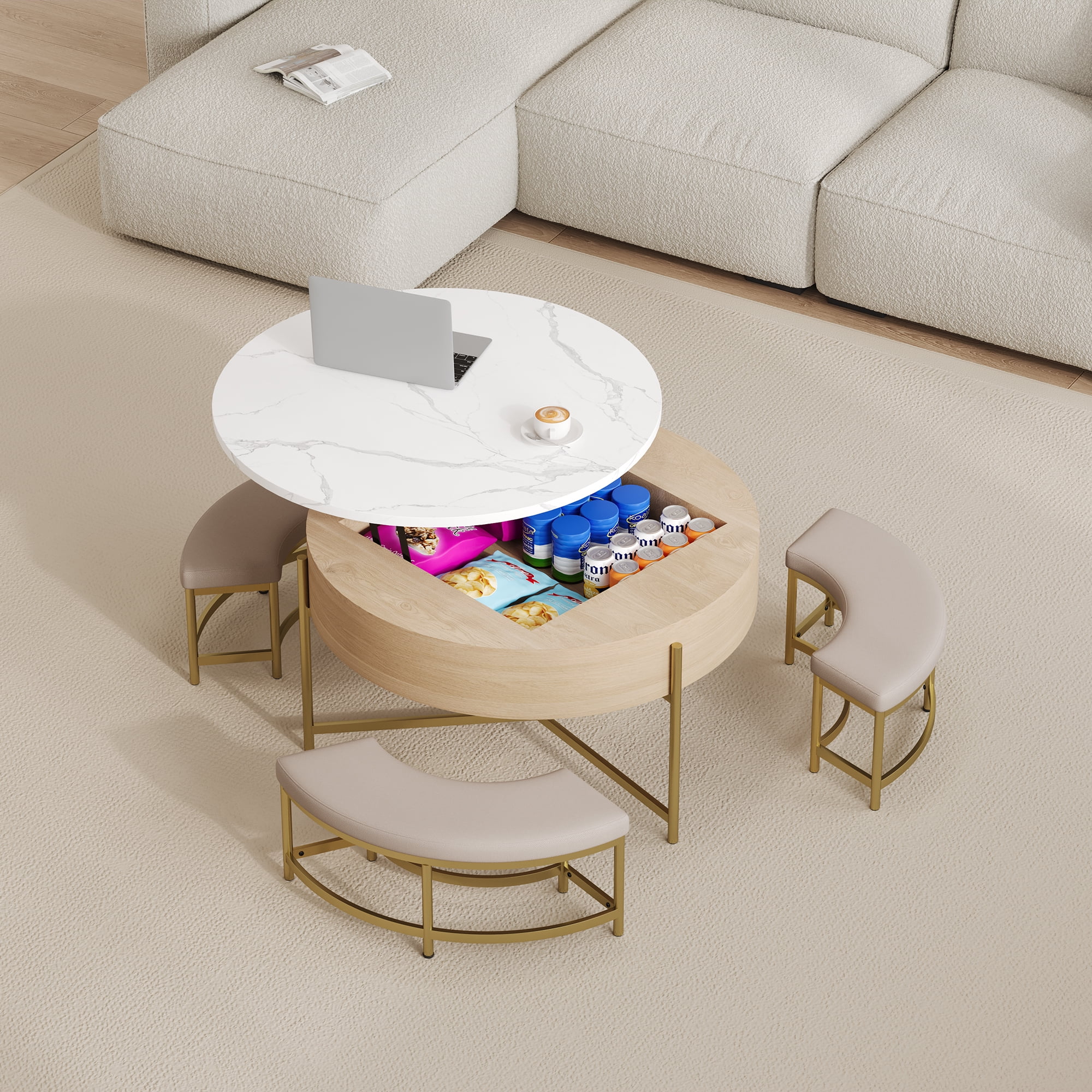 Harper & Bright Designs Round Lift-Top Coffee Table with Ottomans and Storage, Gold Center Table Set with Stools Underneath for Living Room, White & Natural