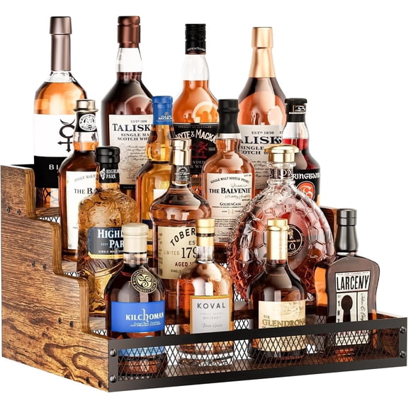 X-COSRACK 4-Tier Countertop Liquor Bottle Display Shelf, Stepped Wood Bar Rack Holds 16 Bottles, Coffee Syrup & Wine Organizer with Anti-Drop Fences for Home Kitchen, Retro Brown