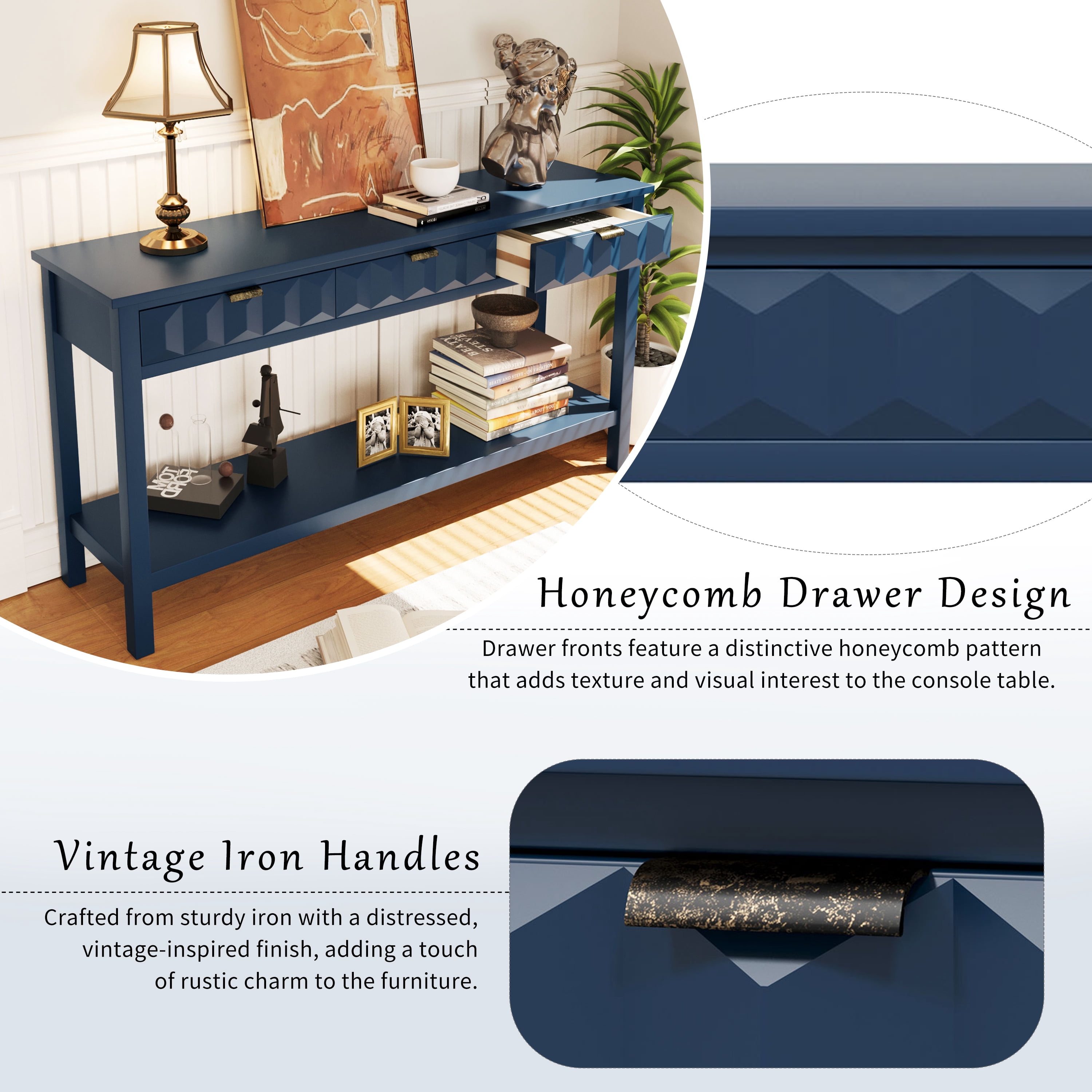 EUROCO 60" Modern Console Table,Narrow Long Sofa Table with 3 Drawers,Open Storage Shelf and Honeycomb Design,Hallway Foyer Table Behind Couch Table for Entryway, Living Room,Foyer,Navy Blue