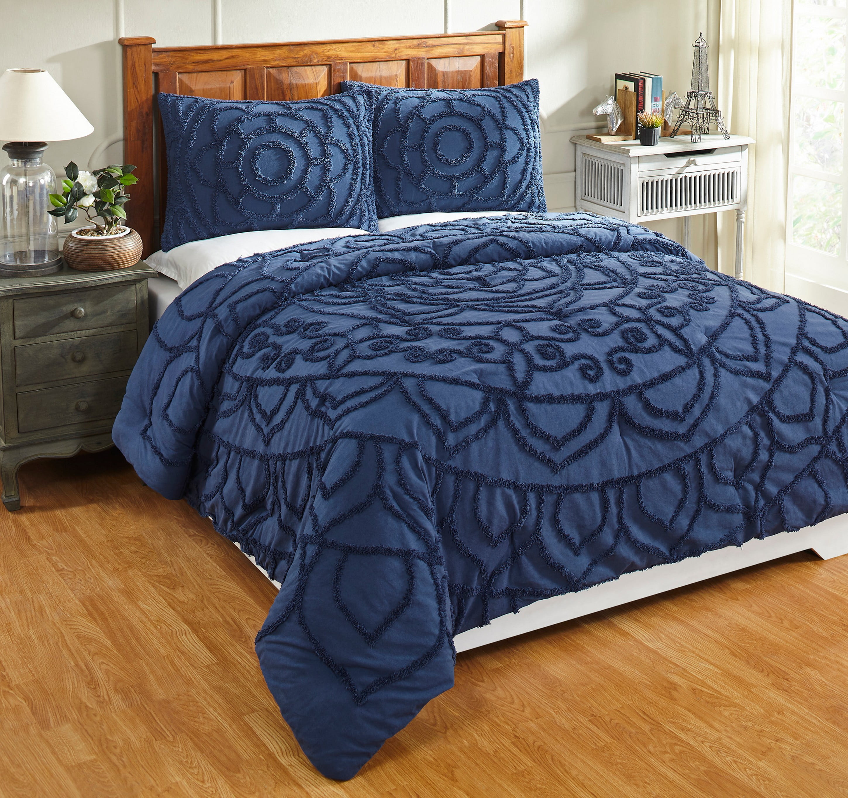 Better Trends Cleo Comforter Set Floral 100 Cotton, King, Navy